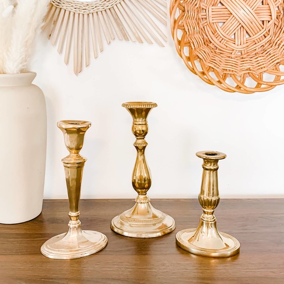 Set of 3 Vintage Solid Aged Brass Candlesticks MCM